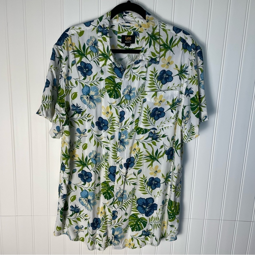 Lee Vtg Men's Yellow Blue‎ Floral Button-Down Short Sleeve Shirt XL Resortwear